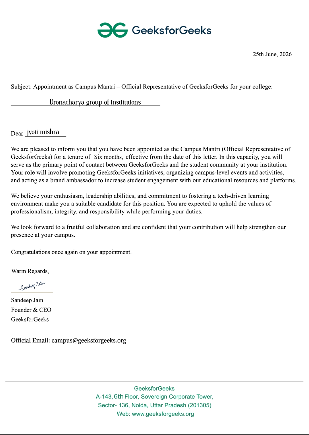 GeeksforGeeks Campus Mantri Appointment Letter